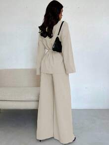2pcs Women's Casual Street Style Solid Color Wrap Collar Top And Straight Leg Pants Set, Spring/Summer - Apricot - View 5