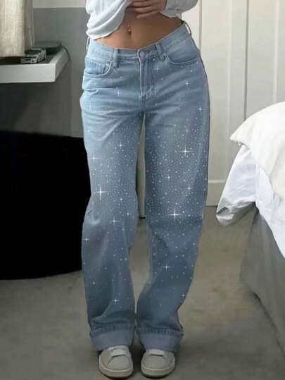 MYOURSA Women's Rhinestone Low Rise Straight Leg Jeans Washed Vintage Casual Y2k Streetwear Party Light Blue Spring