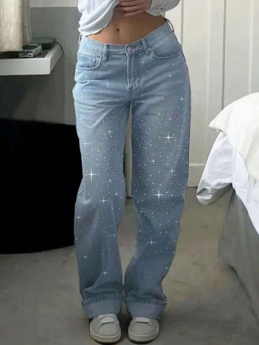 MYOURSA Jeans de pierna recta y tiro bajo con rhinestones para mujer, lavado vintage, casual, estilo Y2K, streetwear, color azul claro, primavera - Lavado ligero - Ver 1