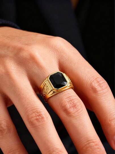 1pc Fashionable And Domineering Jewelry, Men's Stainless Steel Golden Dragon Pattern Inlaid Cubic Zirconia Ring