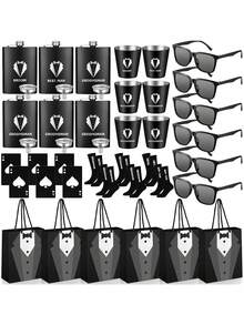 Complete 1/6 Person Groomsmen Gift Set With Individual Kits For The Wedding Party Includes A Hip Flask Glasses Bottle Opener Socks Funnel Glass And Carry Bag For A Memorable Celebration Event - 黑色 - 查看 1