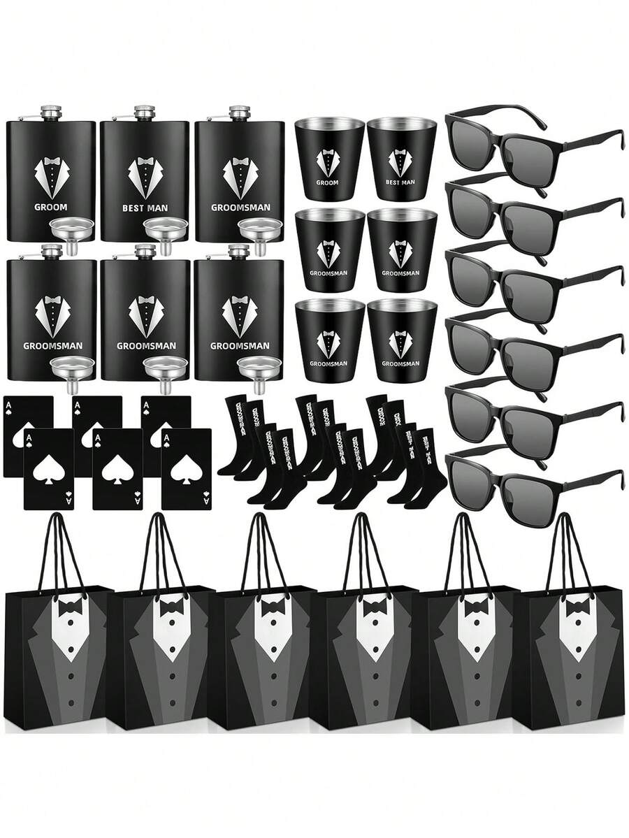 Complete 1/6 Person Groomsmen Gift Set With Individual Kits For The Wedding Party Includes A Hip Flask Glasses Bottle Opener Socks Funnel Glass And Carry Bag For A Memorable Celebration Event - 黑色 - 查看 1