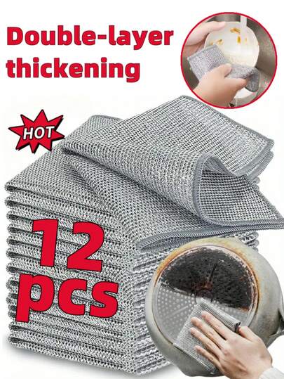 12/6 件装双面金属丝抹布，百洁布，加厚银丝清洁布，家用厨房金属丝洗碗布，锅碗瓢盆清洁布，毛巾，擦洗抹布，多用途魔术金属丝抹布，金属丝擦洗布，钢丝球抹布替代品，厨房用品，厨房配件，厨房工具