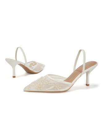 Women' Mesh Handmade Embroidered Faux Pearl Pointed Toe Slip-On Breathable High Heel Shoes, New Wedding Versatile Party Sexy Elegant Floral Embroidered Faux Pearl 7.5CM High Heels