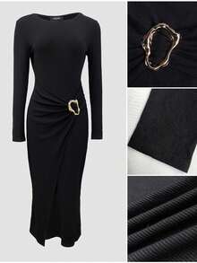 ChicMe Women Round Neck Long Sleeve Solid Color Metal Ring Waist Decor Cinched Slit Ribbed Knit Midi Dress Chic Casual Daily Business Outfit