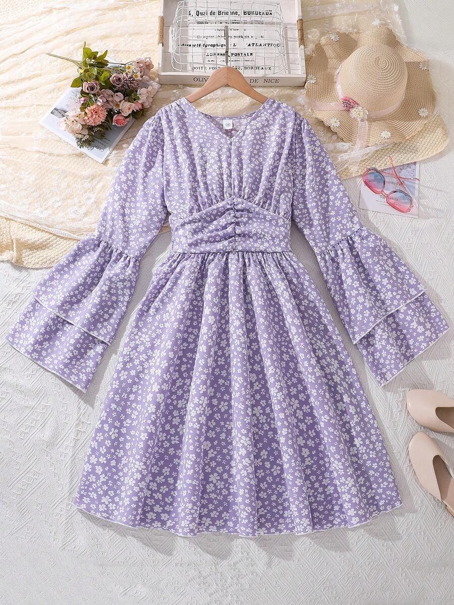 Left Mama Elegant Casual Ditsy Floral Long Sleeve Dress For Teen Girl Spring/Autumn - Purple - View 1