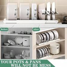 Portaoggetti espandibile per coperchi di pentole, adatto per armadietti, con 7 divisori regolabili in acciaio inossidabile per l'organizzazione e lo stoccaggio in cucina, design pieghevole, ottimo regalo per la mamma (bianco, grigio)