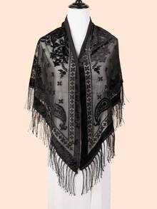 1pc Women's Vintage Velvet Tassel Jacquard Shawl Scarf, Fashion Triangular Scarf For Women Suitable For Dresses, Parties, Dancing, Keeping Warm And Slimming In Autumn/Winter