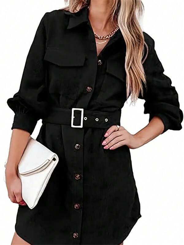 Women's Casual Solid Color Long Sleeve Shirt Dress, Autumn