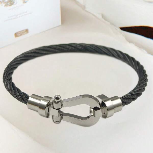 1pc Fashionable Minimalist U-Shaped Micro-Inlaid Half-Brick Magnetic Buckle Braided Leather Bracelet, Unisex Everyday Wear