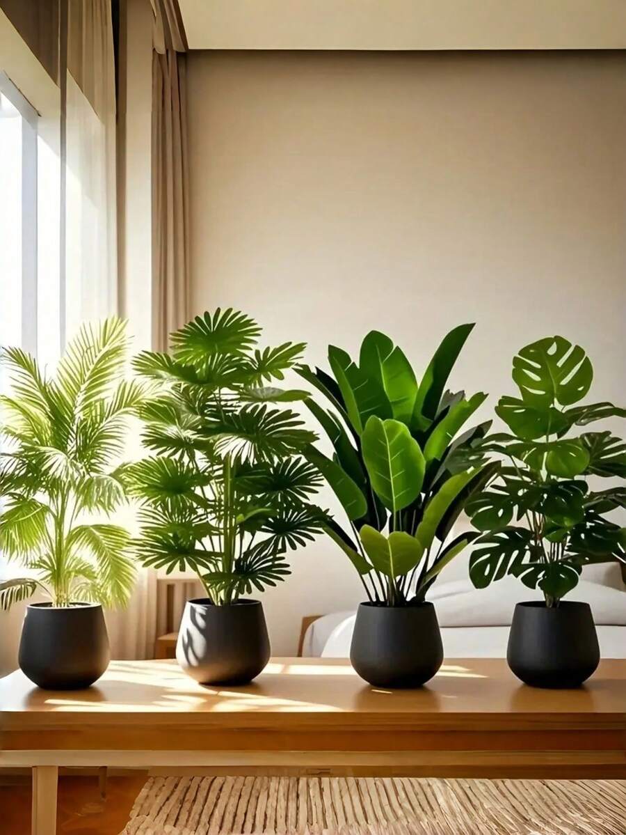 一套四件，包含48株大叶仿真植物。适合户外使用——宽叶热带雨林装饰树，全年室内外盆栽，适用于婚礼、酒店、花园、庭院等北欧风格场合。