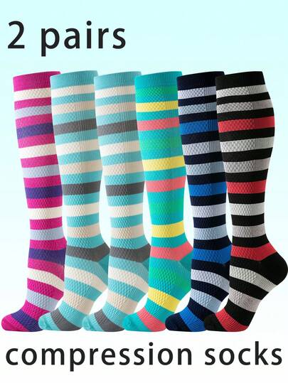 2 pares de calcetines de compresión a rayas para hombres y mujeres, adecuados para fitness, running, senderismo, gimnasia, trabajo, baloncesto, tenis, senderismo, ciclismo, etc. Proporcionan soporte deportivo con tejido de rebote tejido.