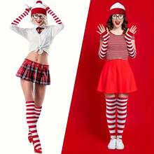 4pcs Women's Red And White Striped Clothing Accessory Set, Holiday Christmas And Halloween Party Costumes, With Christmas Hat, Stockings And Round Glasses, Polyester And Spandex, Perfect For Holiday Celebrations, Christmas Events, Parties, Parties, Dances.