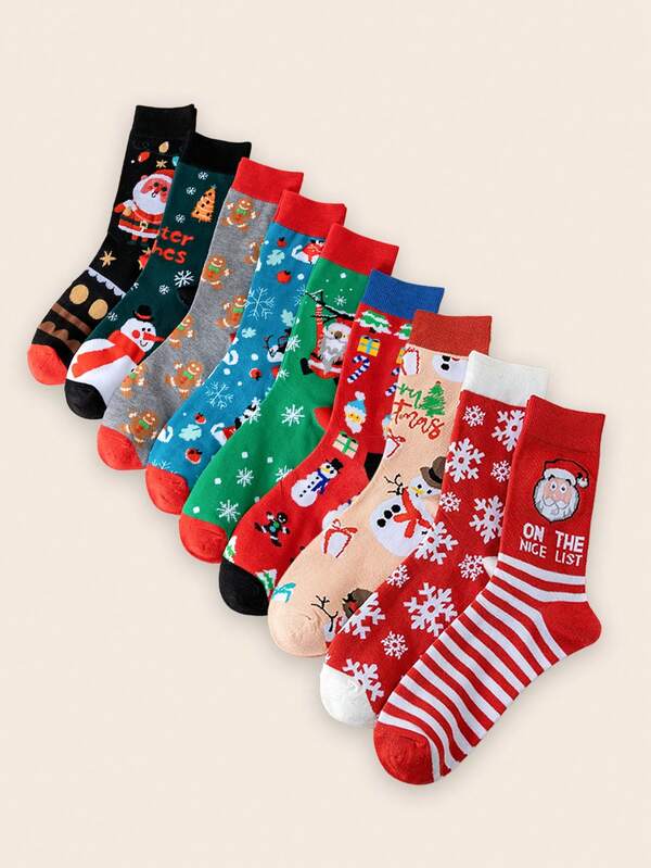 9 Pairs New In-Stock Christmas Socks Set, Cute Cartoon Santa Claus Mid-Calf Socks