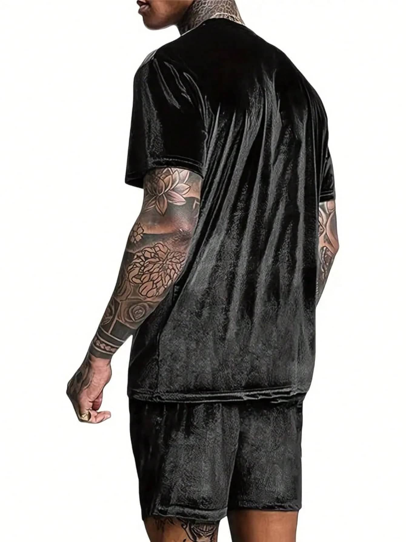 Luxury Velvet Set, T-Shirt And Bermuda Star Simple Loose Summer - màu đen - Xem 1