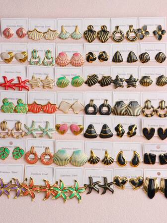 10Pairs Women Fashion Enamel Drip Oil Stainless Steel Earrings Love Flower Leaves Geometric Metallic Texture Retro Daily Birthday Party Travel Gift Accessories