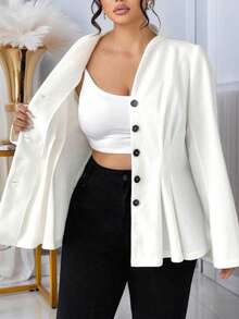 Plus Size Women's Thick Fabric Stand Collar Double-Sided Design Waist Ruched Elegant Teacher Outfit, Suitable For Christmas Eve, Christmas, Halloween, Thanksgiving, Diwali, Versatile Jacket