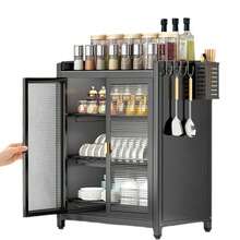 Armario de Almacenamiento de Platos de Metal para Cocina de 3 Niveles, con Plato de Drenaje y 4 Ganchos para Colgar Cucharas, Organizador Multifuncional de Cocina, Extensión de Encimera para Platos y Boles, para Organización y Almacenamiento de la Encimera de Cocina en Casa - Negro - Ver 3