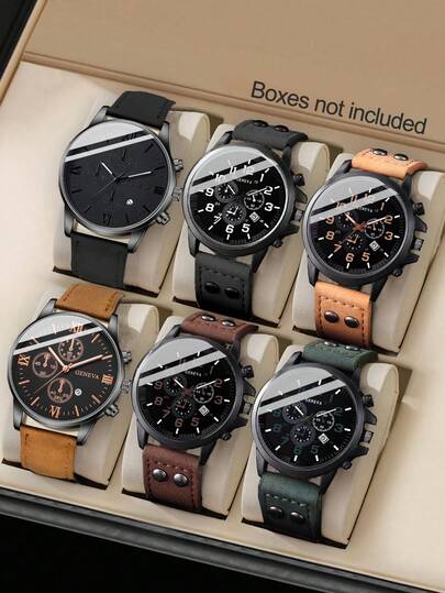 6pcs/Set Men's Business Casual Watches, Personalized Versatile PU Leather Band Round Dial Calendar Analog Digital Pointer, Valentine's Day Gift, Suitable For Daily Wear, Sports