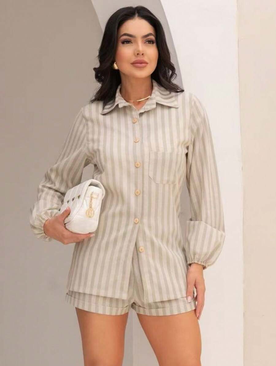 Long Sleeve Top And Shorts Set Combination - 薑色 - 查看 1