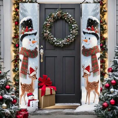 2D Tablet, 2D Tablet Party Banner, Christmas Welcome Door Banner With Snowman And Reindeer Design, Polyester, No Power Required - Perfect For Winter Themed Parties, Indoor/Outdoor Door Wall Decorations, New Year Themed Decorations, Winter Fairy Tale Decorations, 2D Tablet