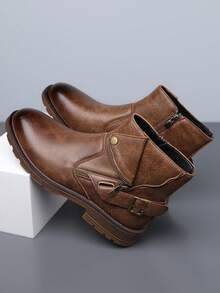 1 双男士中筒靴，带侧拉链，PU 皮革，橡胶鞋底，耐用休闲靴，适合日常通勤 - 棕色 - 查看 3