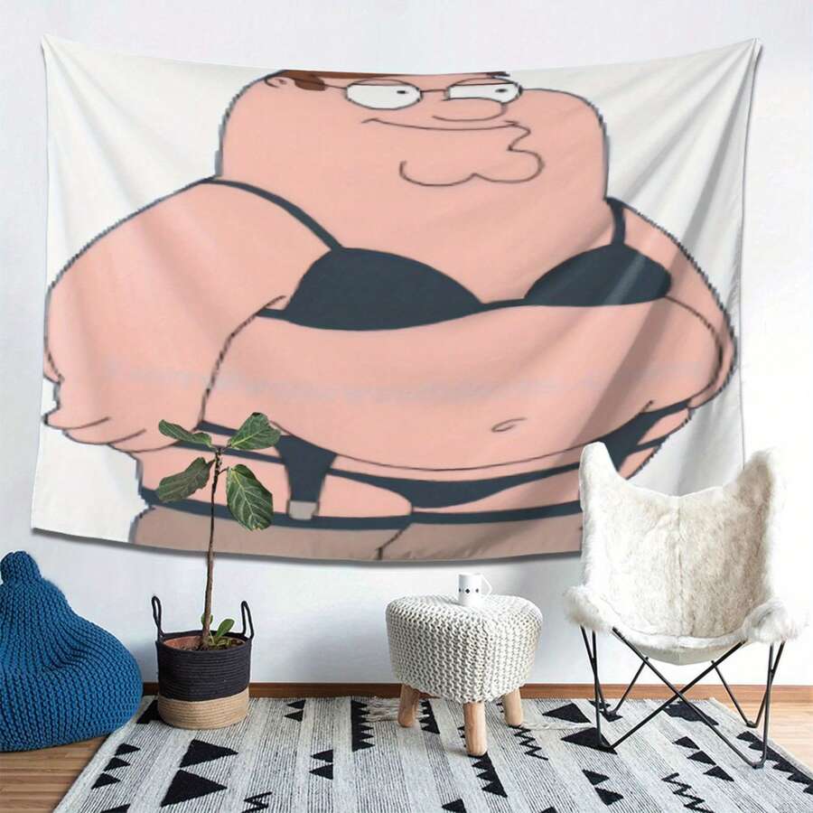 Peter Griffin Tapestry - Stylish Cartoon Character Wall Hanging For Living Room, Bedroom, Or Office Decor - High-Quality Print Peach Light Beige Fabric - Perfect Gift For Fans Of Family Guy, Bedroom Wall Art | Stylish Home Accessory | Soft Texture Tapestry, Cartoon Wall Art - 彩色 - 查看 1