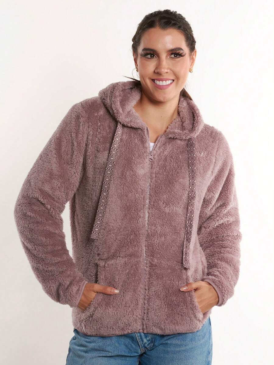 Chamarra peluchito con capucha, cremallera, cordón y bolsillos para mujer, colores, abrigadora - Arena - Ver 1