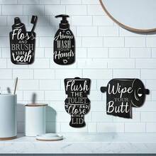 2D Flat, 4pcs Bathroom Creative Wooden Wall Stickers - Fashionable Black Decor, Farmhouse Style, Interesting Modern Home Decor Signs, Self-Adhesive, Freely Arrangeable, Suitable For Bathroom, Washbasin, Office, Hotel And Other Occasions. 2D Flat, Ideal For Room Decoration. - Multicolor - View 5