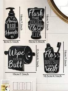 2D Flat, 4pcs Bathroom Creative Wooden Wall Stickers - Fashionable Black Decor, Farmhouse Style, Interesting Modern Home Decor Signs, Self-Adhesive, Freely Arrangeable, Suitable For Bathroom, Washbasin, Office, Hotel And Other Occasions. 2D Flat, Ideal For Room Decoration. - Multicolor - View 9