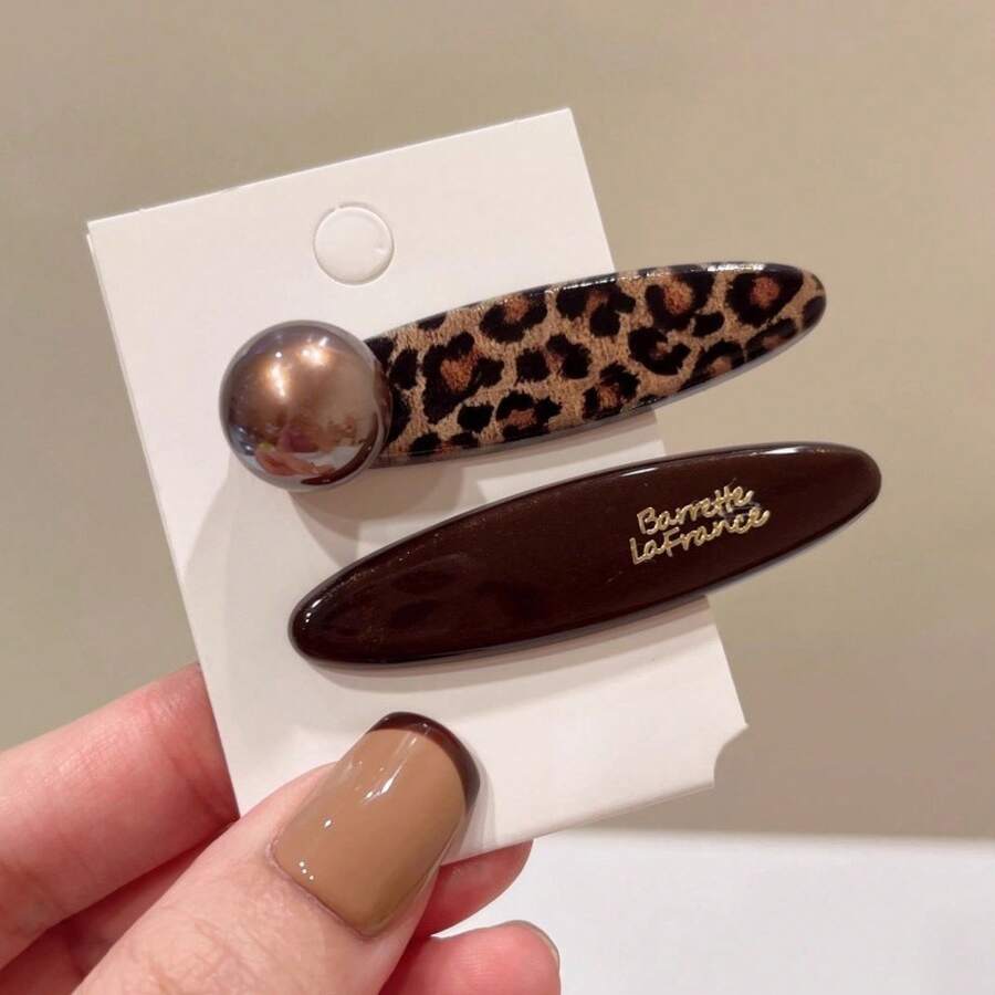 Exquisite Leopard Print Mini Hair Clip For Women, Unique Side Hair Bangs Clip, Pair Of Clips, Elegant And High-End One-Line Clip - E114-2# Two-pointed Pair - View 1