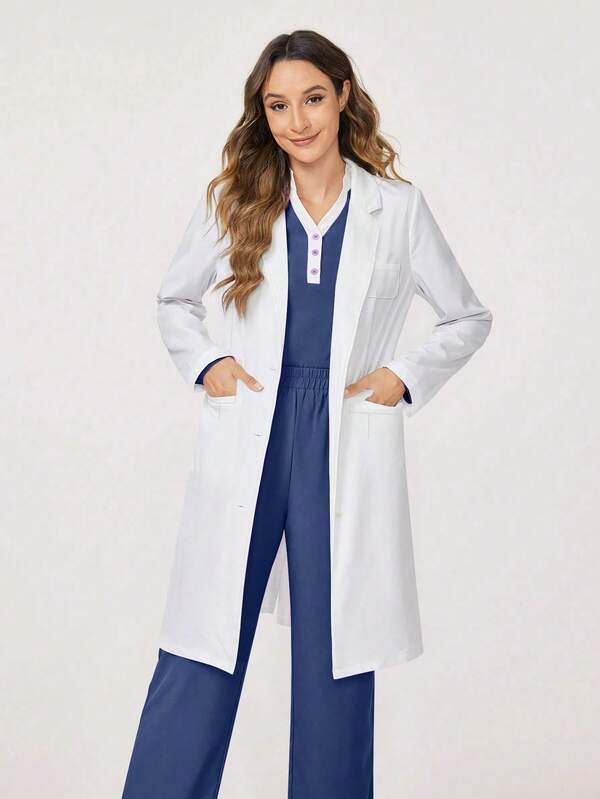 cimmuovere Women's Long Sleeve Multi-Pocket Scrubs Nurse Scrubs Workwear Dentist Healthcare Pet Hospital Laboratory Coat
