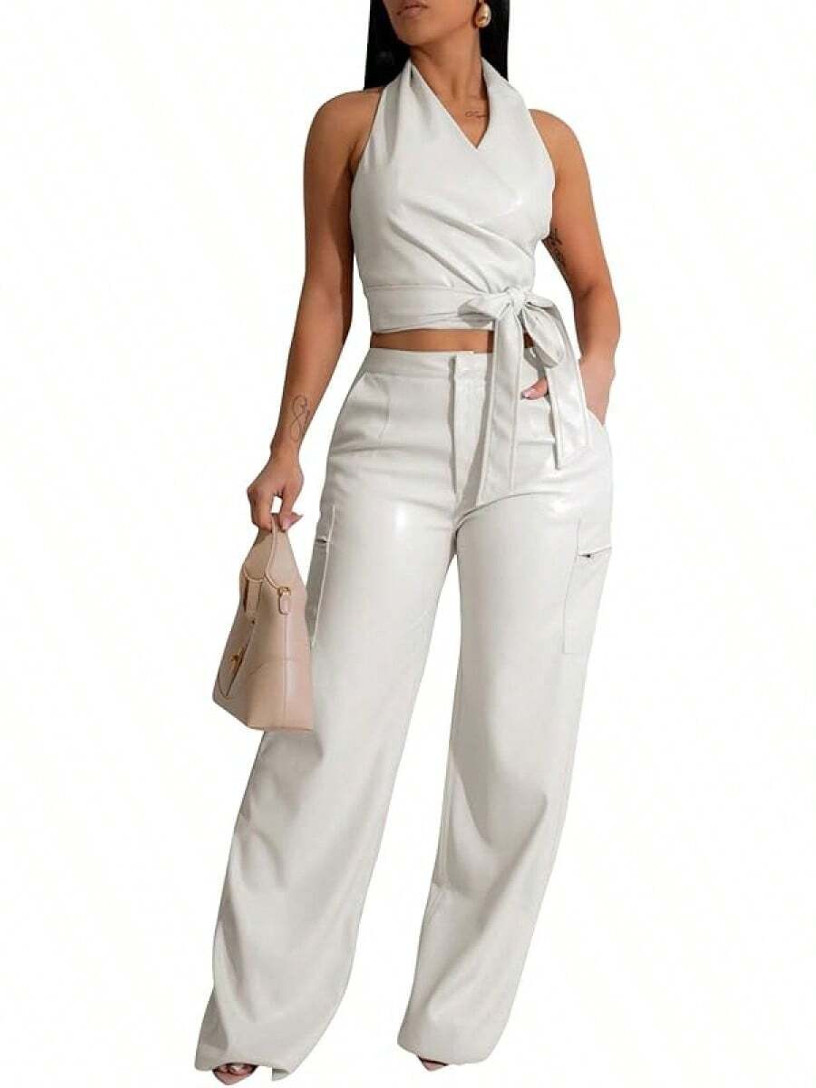 WOKANSE Womens PU Leather Stretchy 2 Piece Outfit Belted Sleeveless Halter Tops And Straight Leg Pants Set With Pockethalloween - 白色 - 查看 1