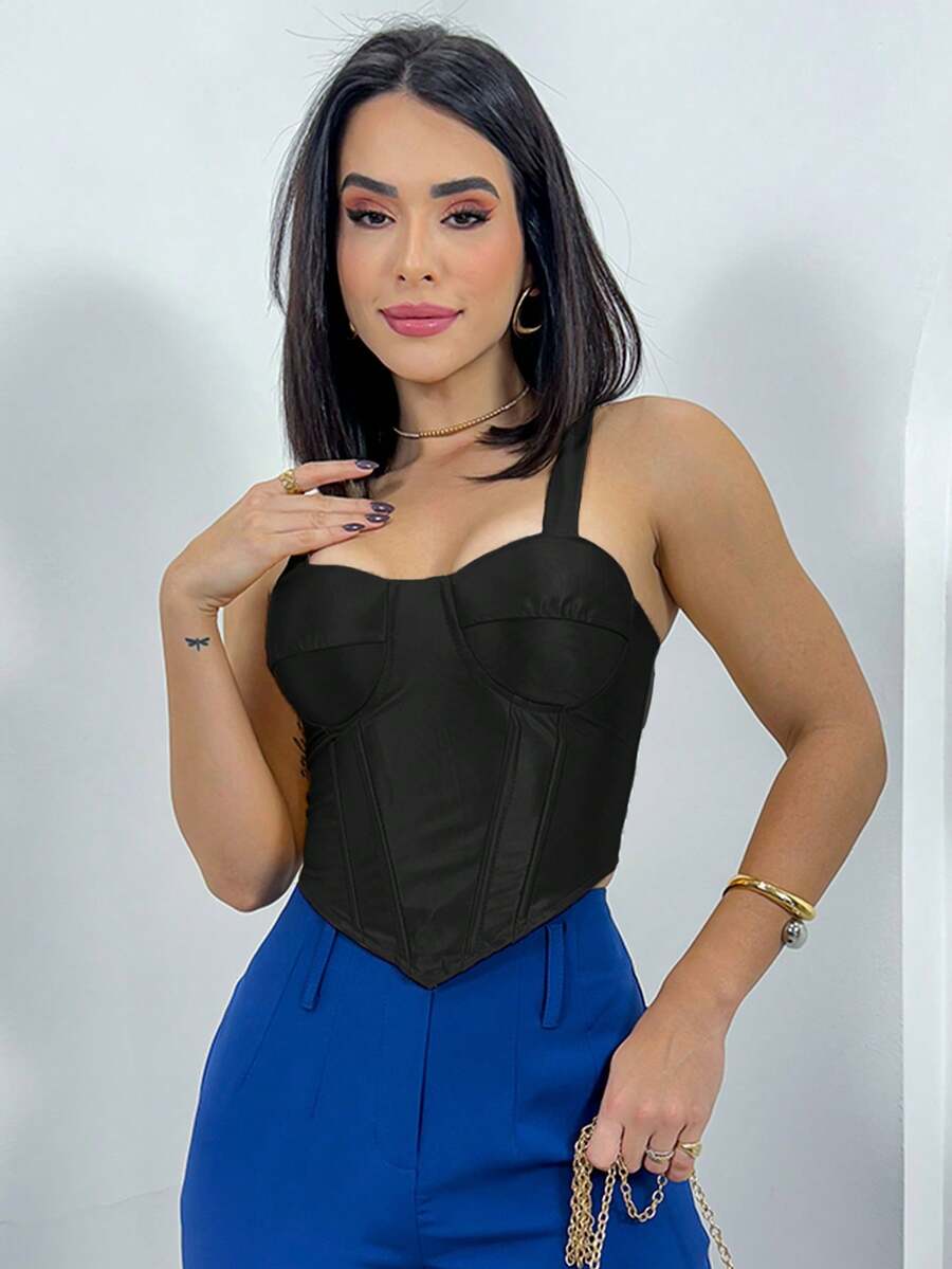 Satin Corset Cropped Top With Padded Lace-Up Top - 黑色 - 查看 1