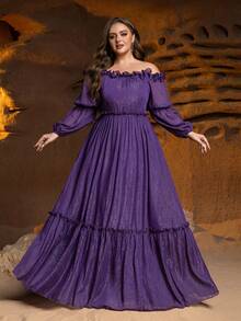 فستان وصيفة العروس كبير الحجم بأكمام طويلة منحرفة الكتف، فستان ماكسي بخصر A مكشكش - مثالي للحفلات الرسمية، حفلات الأزياء السوداء، الحفلات، حفلات الخيرية، وحفلات التخرج - الأرجواني - مشاهدة 4