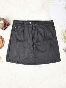 Apperloth A Split Hem PU Leather Skirt - Black - View 8
