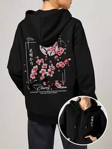Women's Ditsy Floral Hooded Sweatshirt | Soft Lining | Loose Long Sleeve | Casual Cardigan With Pockets, Women Coat, Women Cardigan, Long Sleeve Top, Women Long Sleeve Top, Women Autumn, Winter, Women Outerwear Top - Black - View 11