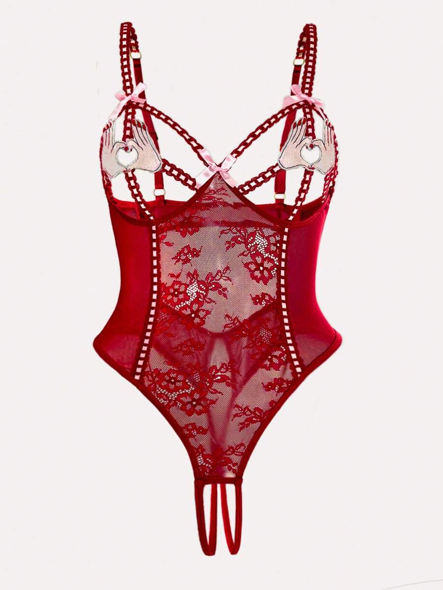 Đồ lót gợi cảm mới cho nữ hở ngực và lưng có dây đeo có thể điều chỉnh ren chắp vá và màu tương phản với thiết kế hở đáy quần Bộ đồ liền thân gợi cảm - Màu Đỏ Sâu - Xem 1