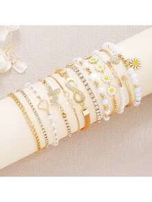 12 件简约心形和雏菊仿珍珠手链套装，女士节日、约会、礼物、休闲夏季配饰 - 彩色 - 查看 5