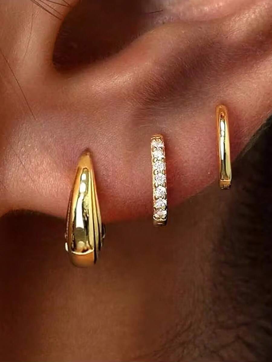3-teiliges Set mit kleinen Damen-Creolen, 14 Karat vergoldete Knorpelohrringe, geeignet für mehrfache Piercings, modischer, hypoallergener Schmuck, exquisite stapelbare Zirkonia-Würfel-Ohrringe, Geschenk