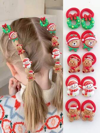 10pcs Christmas Cartoon Santa Claus, Snowman, Christmas Bear, Christmas Tree, Reindeer Hair Scrunchies, Christmas Party Decorations