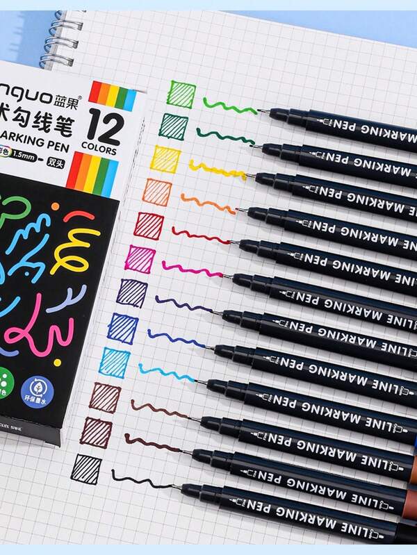 12pcs/Set Blue Fruit Dual-Tip Liner Pens, Art Painting Brush Pens For Drawing, Coloring, Journaling