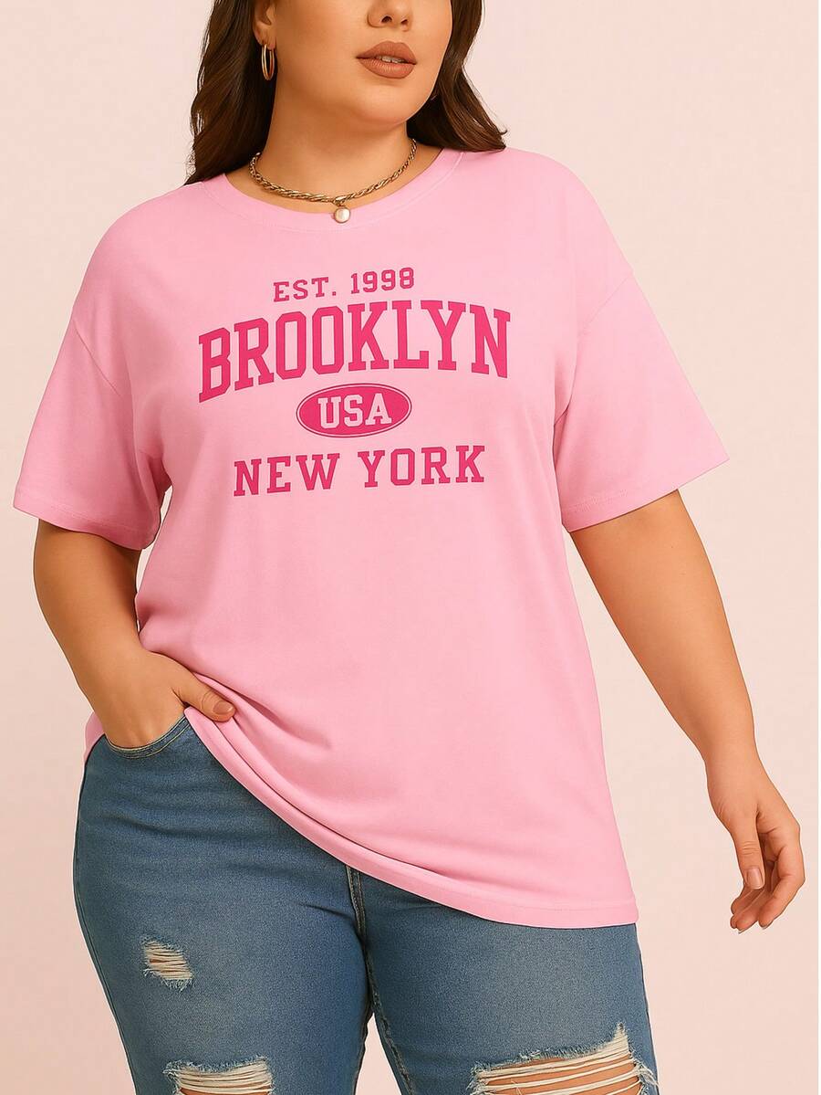 Women's Plus Size Plain Round Neck T-Shirt, Fashion , Oversized USA - Màu Hồng baby - Xem 1