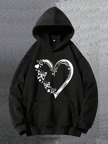 Sudadera con capucha de moda para hombres con patrón de corazón de mariposa simple y creativo, sudadera con capucha de manga larga con bolsillo canguro, top casual suelto, ropa de otoño e invierno para hombres - Negro - Ver 1