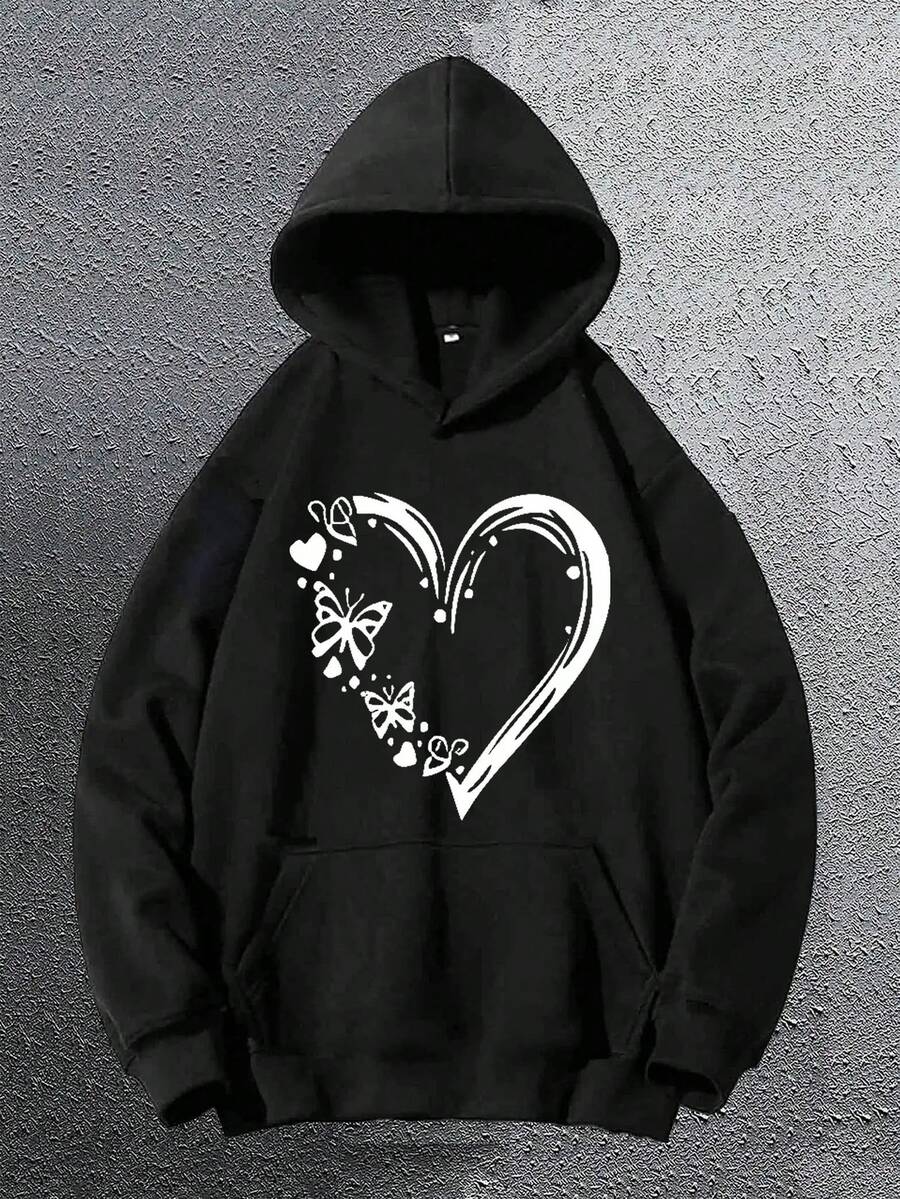 Sudadera con capucha de moda para hombres con patrón de corazón de mariposa simple y creativo, sudadera con capucha de manga larga con bolsillo canguro, top casual suelto, ropa de otoño e invierno para hombres - Negro - Ver 1