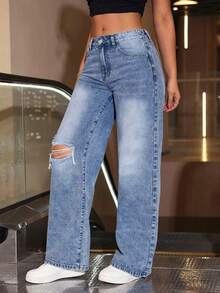 Jeans de mezclilla desgastados para adolescentes, pantalones rectos sueltos de estilo vintage Y2K, para uso casual diario, adecuados para la escuela, salir con amigos, fiestas