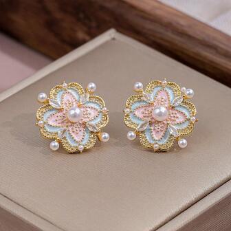 1 Pair Vintage Palace Style Enamel Colorful Flower Stud Earrings