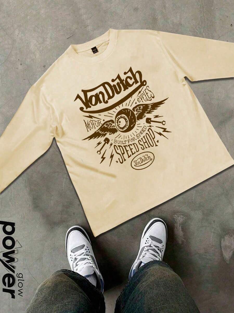 Y2K Style Vintage Motorcycle Printed Men's Long-Sleeve T-Shirt, Street Hip-Hop Style Autumn & Winter Cotton Top, Regular Fit  Digital Print, Ideal For Men's Fashion Outfits & Gifting - Màu be - Xem 1