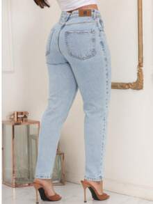 Women's High Waisted Mom Jeans Marbled 4 Pockets Simple Elegant Jeans Pocket Zipper Button Daily Beach - 藍色 - 查看 2