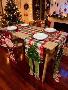 1pc/Set Christmas Tree, Snowman, Gingerbread Man, Reindeer Long Leg Table Runner, Linen Christmas Table Runner, 30*275cm Seasonal Kitchen Dining Table Decor, Christmas Party Decoration, Home Decor - Multicolor - View 1